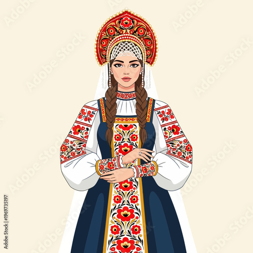 Beautiful Russian Woman in Traditional Folk Costume and Kokoshnik Headdress
