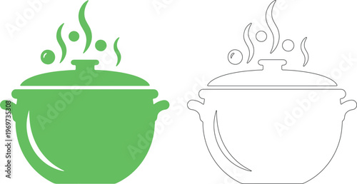 Green boiling pot with steam and bubbles