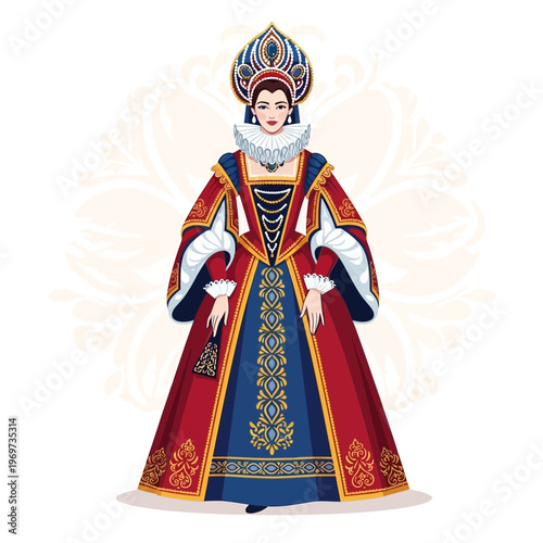 Elegant Russian Queen in Traditional Royal Attire and Kokoshnik Headdress