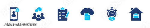 Collection of solid icons representing remote work including team collaboration, task management, time tracking, cloud storage, and home office workflow. Suitable for web and app UI design.