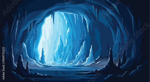 Mystical Ice Cave with Glowing Light and Stalagmites