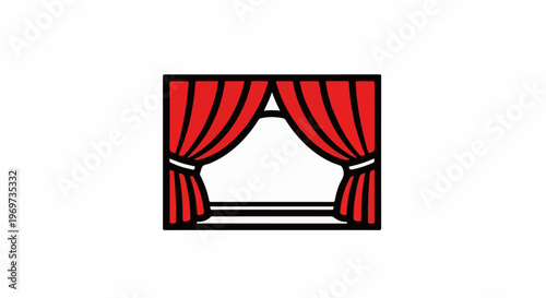 Red theater curtains tied back on a white background, revealing an opening
