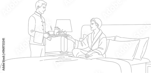 Hotel staff serving breakfast to a guest in bed