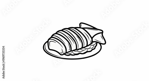 Monochrome illustration of a croissant with filling on a plate