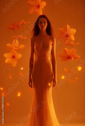 Elegant woman in sheer flowing gown standing among floating flowers in orange light