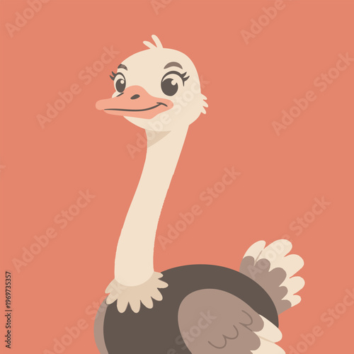 Cute cartoon ostrich with fluffy feathers and long neck, happy expression and big eyes, great for kids design.