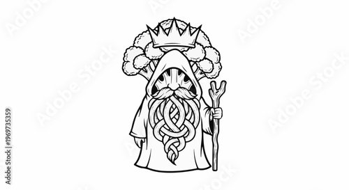 Regal broccoli wizard with ornate beard and staff