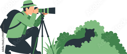 Wildlife photographer illustration capturing a moment of discovery as a person discreetly photographs a creature hidden within the lush green bushes of its natural habitat
