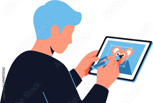 Young person using a digital tablet and stylus to draw a cartoon bear, illustrating digital art and creative design