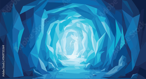 Abstract Low Poly Ice Cave Tunnel with Glowing Light