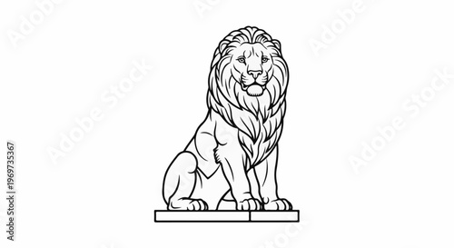 Regal lion statue, majestic mane, strong posture, solemn expression