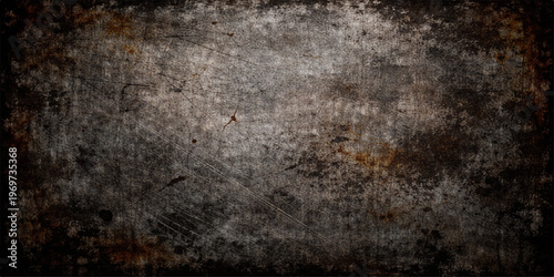 An aged and weathered dark grunge metal texture features a rough, rusty surface with a dirty brown pattern on a vintage industrial wall backdrop