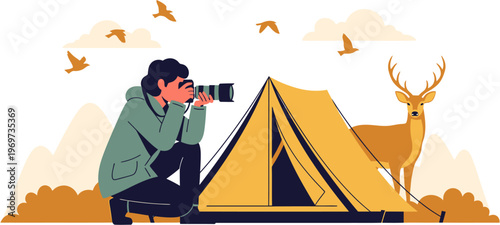 Man photographing wildlife and camping in nature with deer and birds