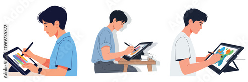 A graphic designer using a stylus and a drawing tablet, vibrant creative colors, flat illustration, no stroke, isolated on white.A graphic designer using a stylus and a drawing tablet