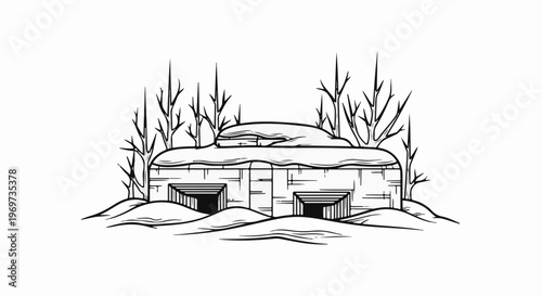 Monochrome sketch of a winter bunker with bare trees and snow