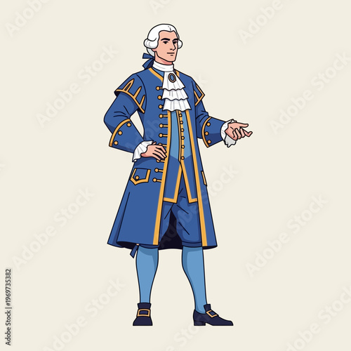Man in 18th Century Blue Court Suit with White Wig and Ruffled Shirt