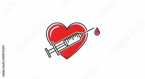 Red heart with medical syringe and drop of liquid