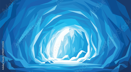 Abstract Low Poly Ice Cave Background with Glowing Light