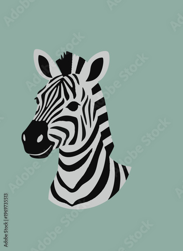 Striped zebra head, iconic African mammal with black and white pattern, profile view, bold graphic art.