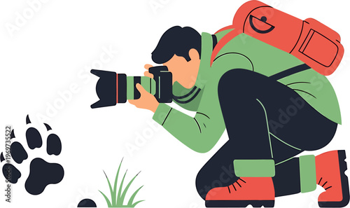 An avid outdoor photographer kneels to meticulously document a large animal paw print, capturing evidence of wildlife in its natural habitat during an adventurous exploration of the wilderness