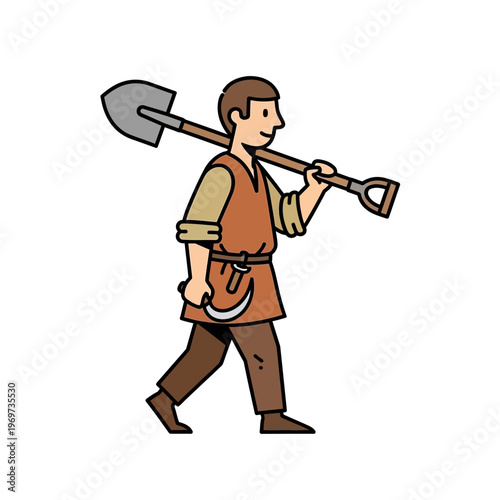 Medieval farmer carrying shovel and sickle
