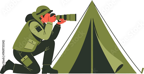 Adventurous Wildlife Photographer Captures Stunning Images Using Professional Camera Equipment Next to a Tent