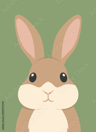 Cute fluffy brown bunny rabbit face with big ears and dark eyes on green background vector illustration.