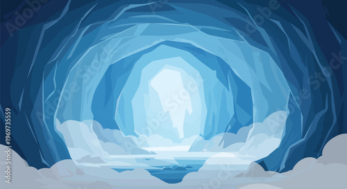 Abstract Ice Cave Tunnel with Glowing Light and Snowy Ground