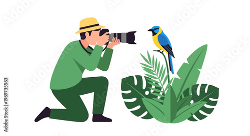 Wildlife photographer capturing a vibrant bird perched amidst lush foliage on a white background, illustrating nature photography and outdoor exploration