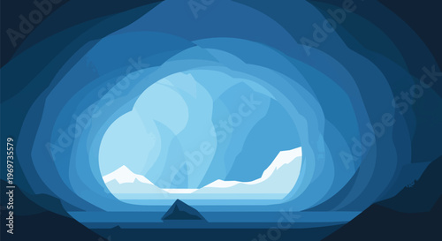 Abstract Blue Ice Cave Illustration with Snowy Mountain Landscape View