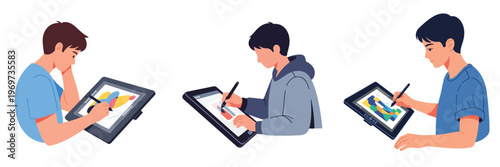 A graphic designer using a stylus and a drawing tablet, vibrant creative colors, flat illustration, no stroke, isolated on white.A graphic designer using a stylus and a drawing tablet