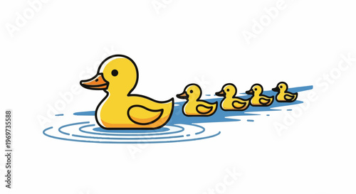 Mother duck and ducklings swim in blue water, creating ripples