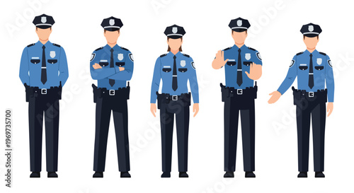 A set of police officer flat vector style, no outlines, symmetrical and neat, white backdrop.