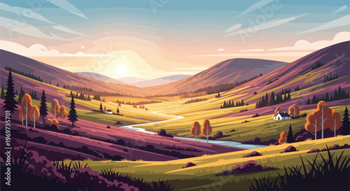 Scenic Autumn Valley Landscape with River at Sunset