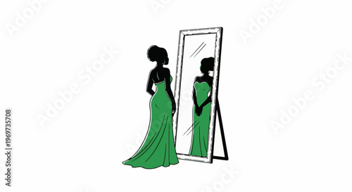 Silhouette of a woman in a green gown admiring her reflection