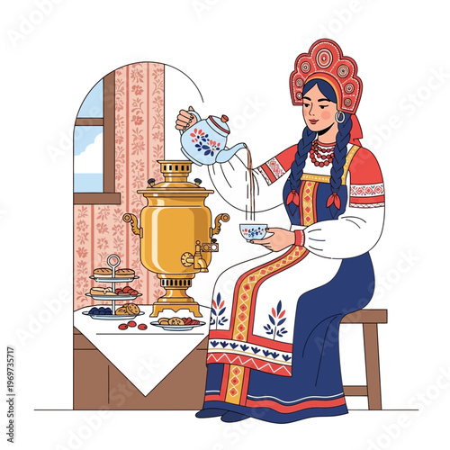 Russian woman in traditional costume pouring tea from a samovar