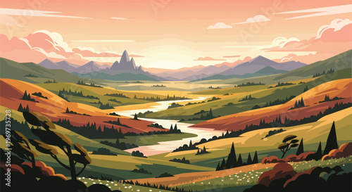 Scenic Mountain Valley Landscape with Winding River at Sunset