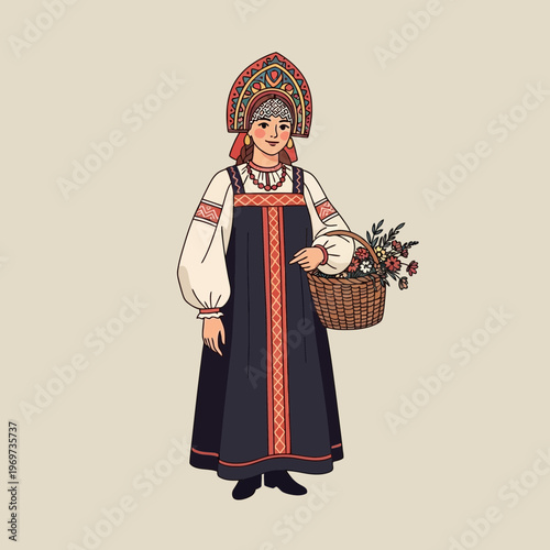 Russian Woman in Traditional Folk Costume Holding a Basket of Flowers