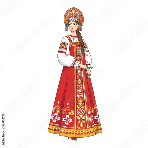 Russian Woman in Traditional Red Kokoshnik and Sarafan Dress