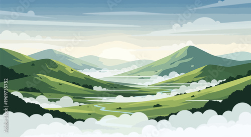Serene Mountain Valley Landscape with Morning Mist and Rolling Green Hills