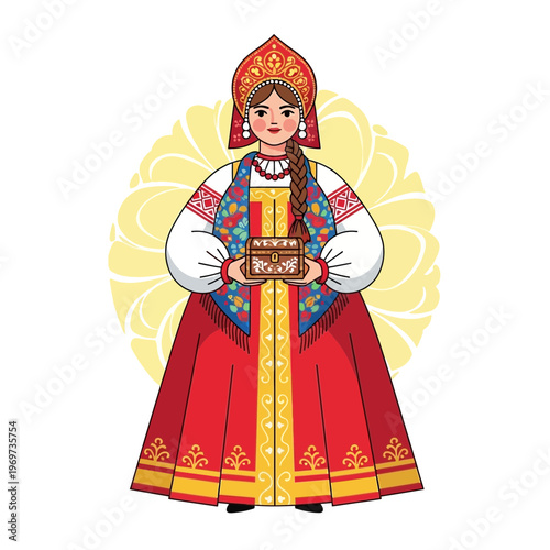 Russian Woman in Traditional Folk Costume Holding a Small Wooden Box