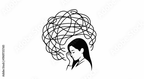 Silhouette of a woman with tangled thoughts overwhelming her mind