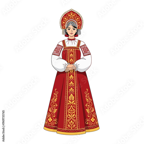 Russian Woman in Traditional Red Sarafan Dress and Kokoshnik Headdress
