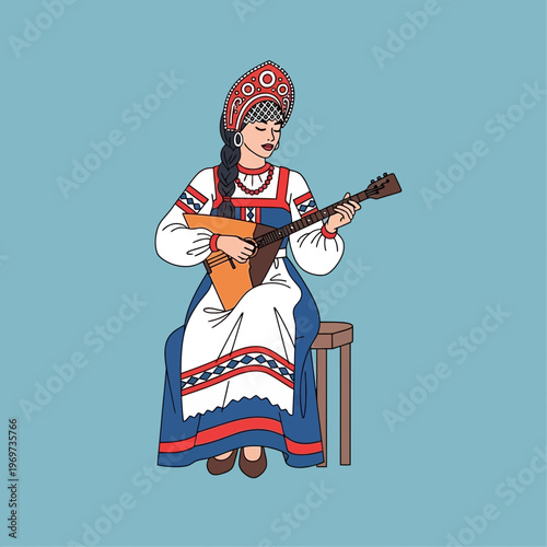 Russian Woman Playing Balalaika in Traditional Costume