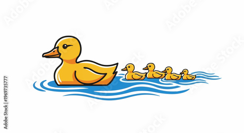 Mother duck and her ducklings swimming in blue water