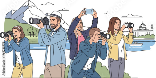 Group of tourists taking photos and enjoying scenic landscape views