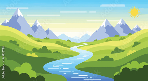Flat Vector Illustration of a Scenic Mountain Landscape with a Winding River