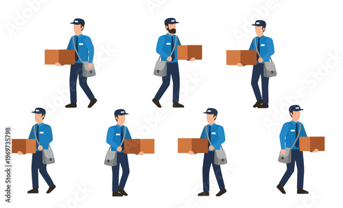 Set of postal worker carrying a brown package and a mailbag, minimalist flat art, no stroke, white background.