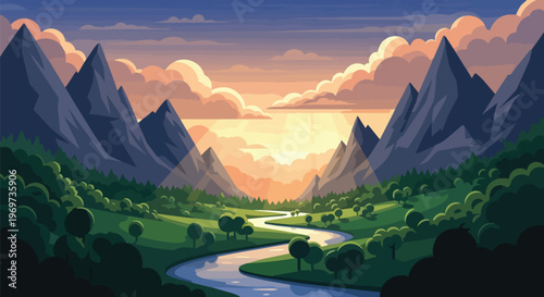 Beautiful Mountain Valley Landscape with Winding River at Sunset