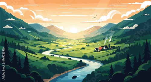 Scenic Mountain Valley Landscape with Winding River and Small Village at Sunset